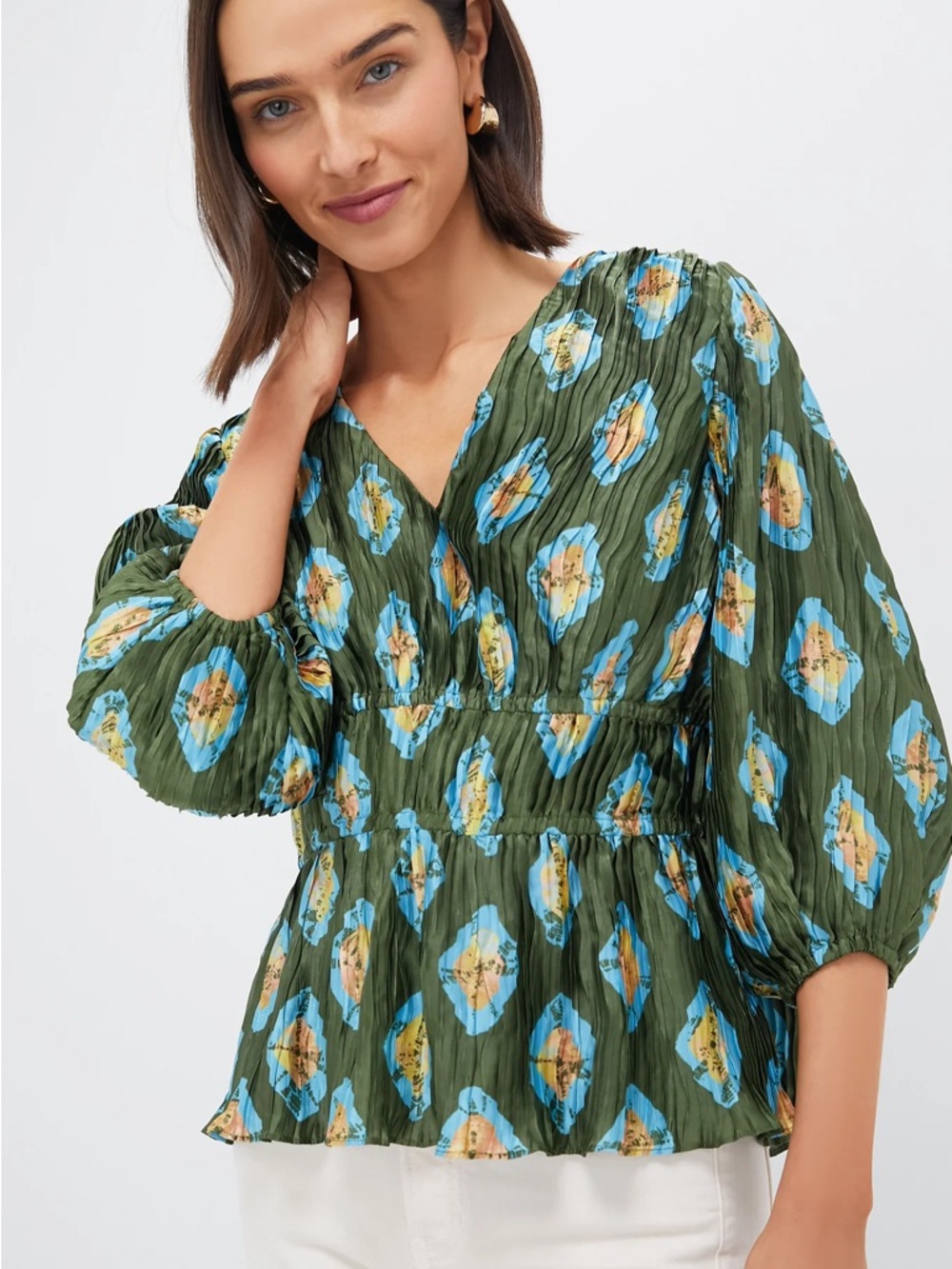 NWOT TUCKERNUCK Olive and Aqua Diamond Maisy Blouse Plisse V-Neck Smocked Waist